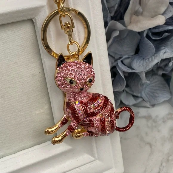 Pink Striped Crystal Egyptian Tabby Cat Keychain Charm - Picture 4 of 16